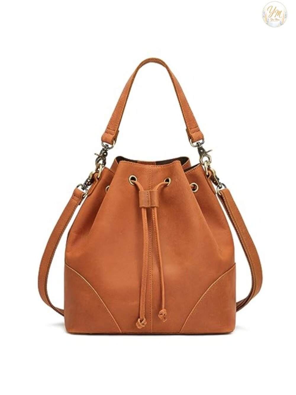 Genuine Leather Bucket Crossbody Purse with 2 Straps